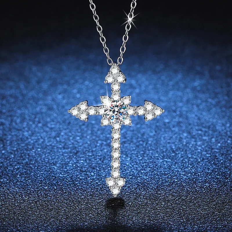 100% 925 Silver Cross Necklace for Women 1CT VVS Lab Moissanite Diamond Cross Pendant Necklace Birthday Gift Jewelry