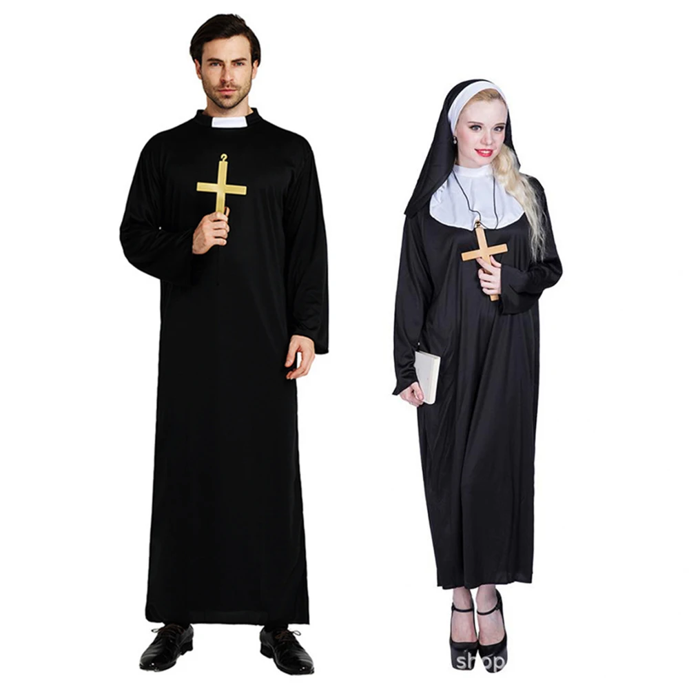 

Униформа черной монахини с крестом для женщин и девочек, наряд священника, одежда для отца, миссионерской одежды для мужчин, комплект для косплея на Хэллоуин