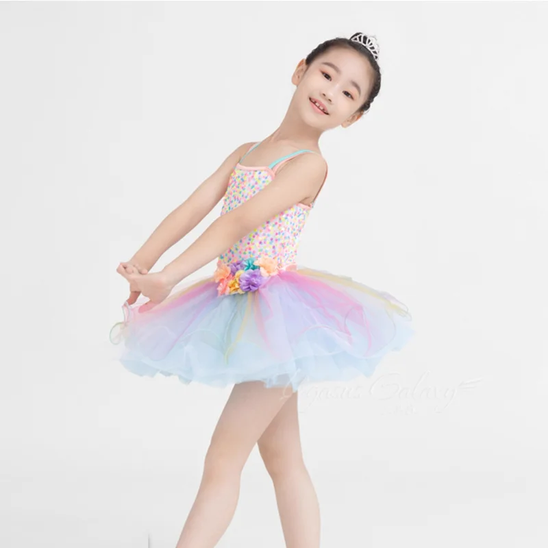 Crianças meninas profissional crianças ballet desempenho collants ginástica tutu bodysuit ballet colorido lantejoulas fio saia estilingue