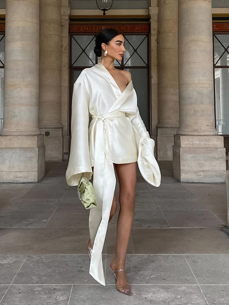 Vestido de manga comprida com cadarço, primavera, sexy, solto, moda, cor sólida, festa, noite, cetim, minimalismo, elegante, mulher, vestido curto