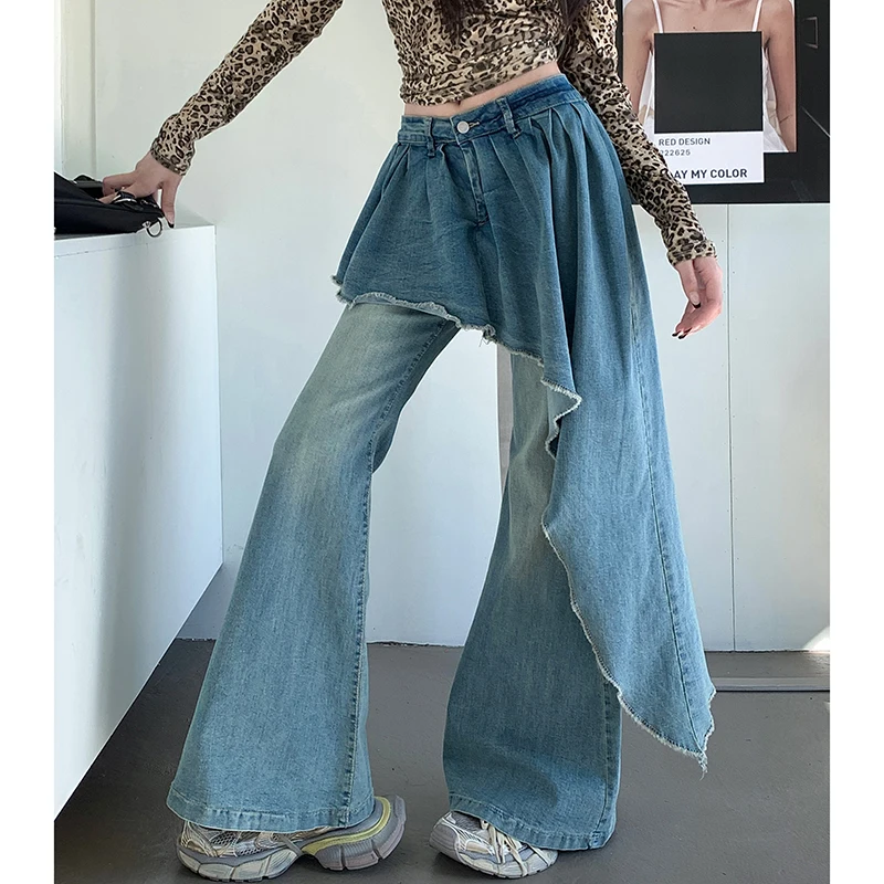 

S-3XL Patchwork Color Retro Style Chic Low Waist Flared Fringed Jeans Ribbon For Women's Clothing 2024 New Slim Pants 90%cotton