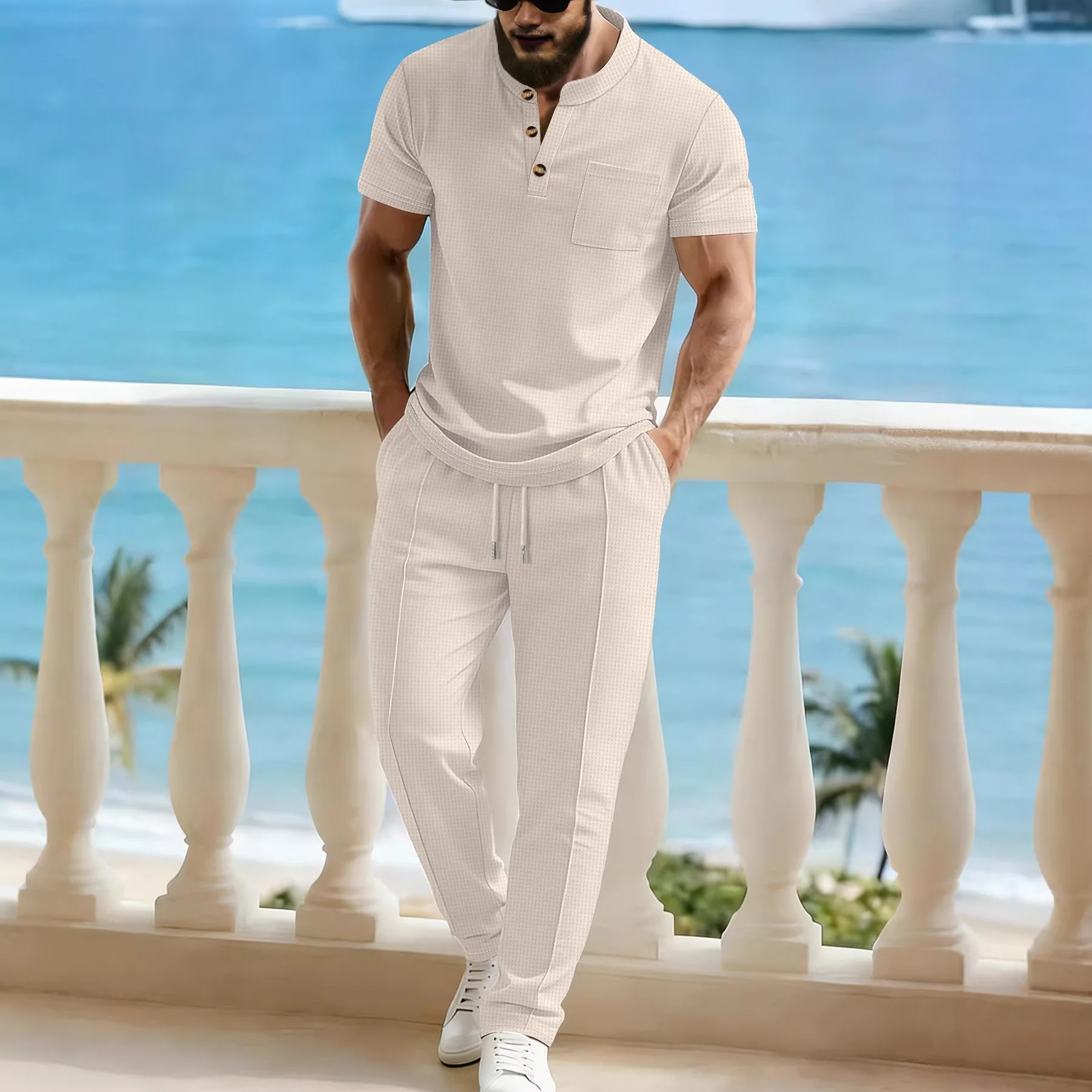 Men's Waffle Knit 2 Piece Set Henley Short Sleeve Shirt With Chest Pocket And Drawstring Long Pants Casual Outfit