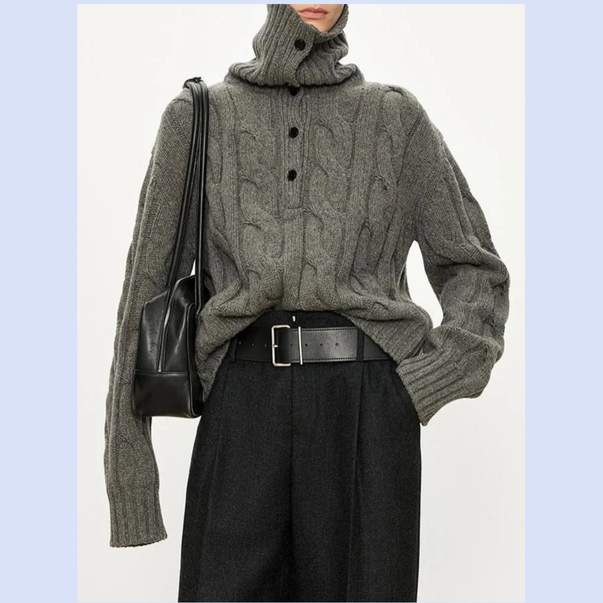 Vintage three-dimensional thick needle cable knit wool high-neck inverted T-shaped silhouette sweater