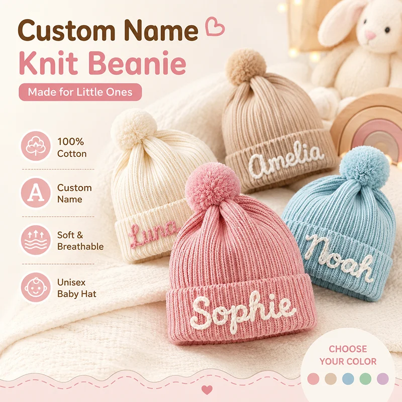 Personalized Name Baby Knit Beanie 100% Cotton Pom Pom Hat Custom Embroidered Soft Warm Kids Winter Hat Boys Girls Cotton Beanie