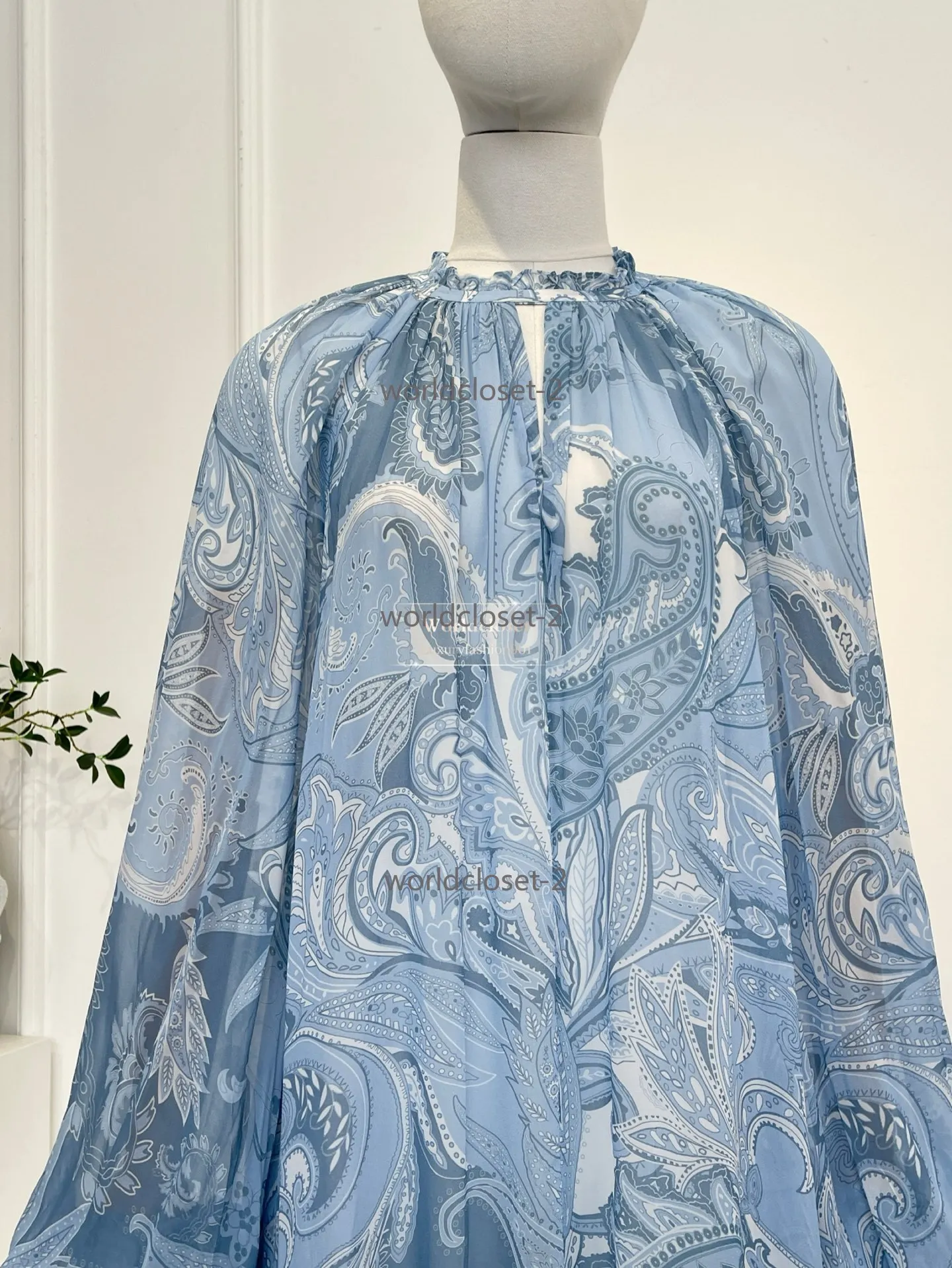 

Light Blue Paisley Print Puff Sleeve Ruffled Tiered Chiffon Vacation Dress