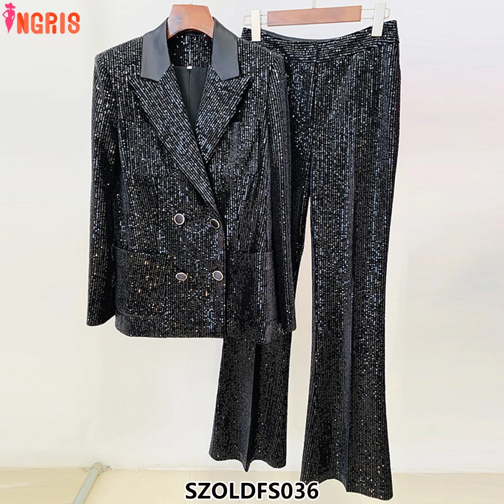 

2025 Spring Shiny Sequin Suit Set Double Breasted Long Sleeve Suit Wide Leg Pants Stage Costume Female Elegant-SZOLDFS036