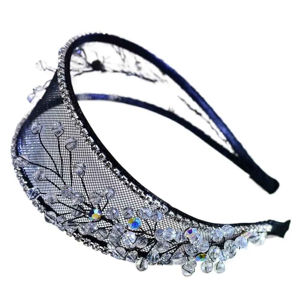 

Элегантная широкая черная повязка на голову ручной работы с кристаллами и стразами, универсальная для вечеринок и мероприятий