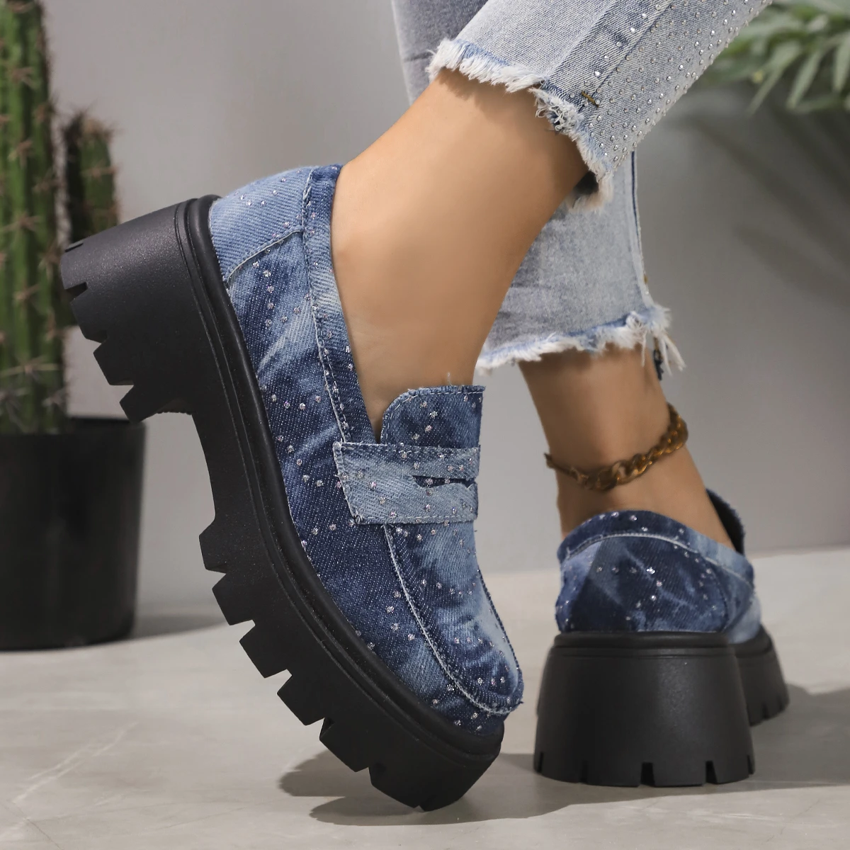 Rimocy 2024 New Women Chunky Heels Loafers Fashion Crystal Slip On Platform Shoes Woman Gothic Thick Bottom Shallow Denim Pumps