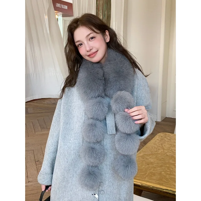 New fox hair long fringed big hairball scarf temperament sweet and cool versatile real fur scarf shawl fur collar
