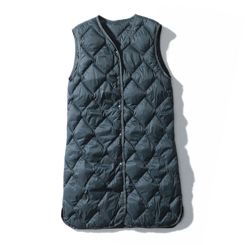 Chaleco ultraligero de plumón de pato para mujer, parka larga sin cuello, forro hinchado, de 0 a 10 °C, novedad de otoño e invierno, 2024