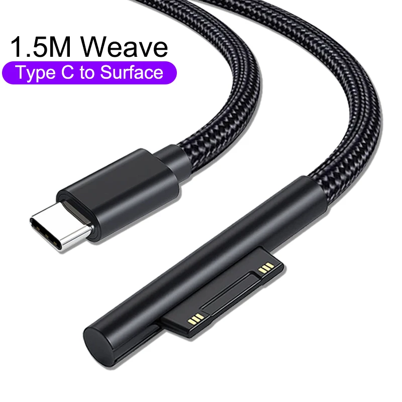 PD 65 W Schnelllade-USB-Typ-C-Stromversorgungskabel für Microsoft Surface Pro 7, 3, 4, 5, 6, 15 V, 3 A, Tablet-Ladegerät, USB-C-Adapterkabel