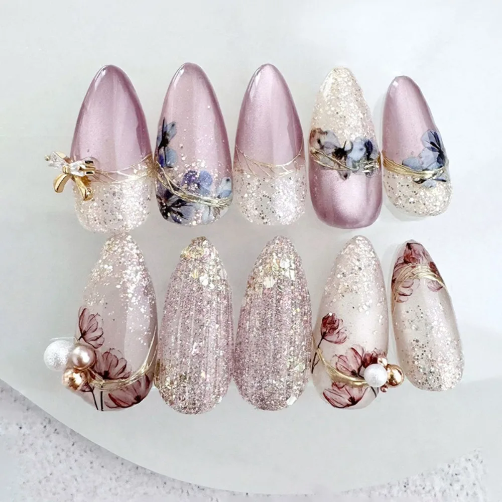 

24pcs Manicure Long Almond False Nails Pearl bow Fine Glitter Purple Flowers Fake Nails Detachable French Press on Nails Women