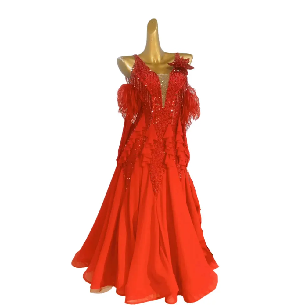 Latin Dance Competition Women's High-end Custom Blood Red Diamond Cake Ribbon Skirt Samba Performance Rhinestone Dress