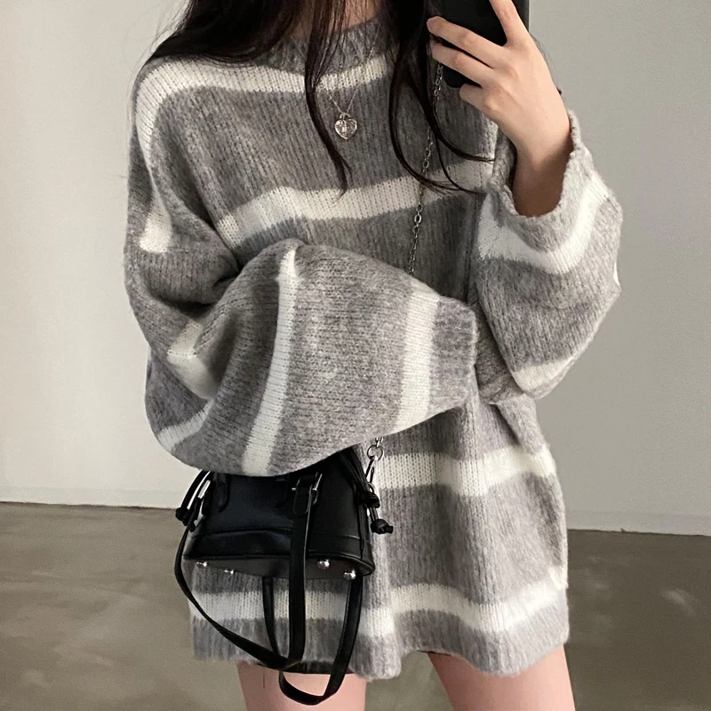 

Korean style Sweater Striped Cashmere Blend Long Sleeve Knit Top Women