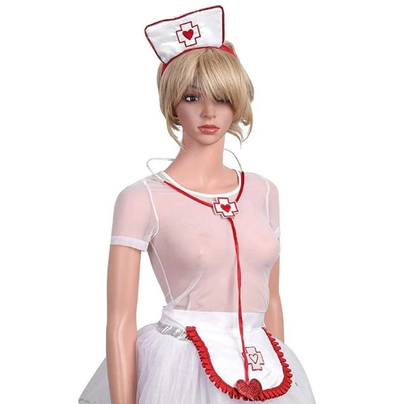 ชุดพยาบาลผู้หญิงแต่งตัวสำหรับผู้ใหญ่รวมถึงผ้ากันเปื้อนหูฟังหูฟังฮัลโลวีนพยาบาลคอสเพลย์เครื่องแต่งกายเครื่องแต่งกาย H7EF