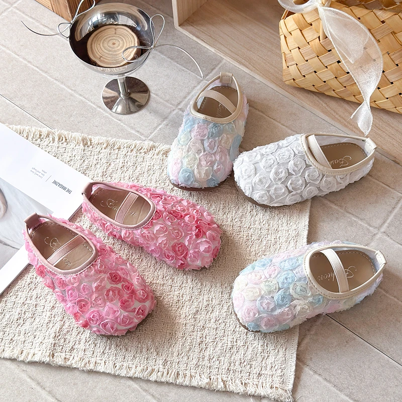 

Spring Girl's Mary Janes Flower Mesh Elastic Band Sweet Kid's Flat Shoe Solid Colors Charming Soft Sole Daily Children Shoes
