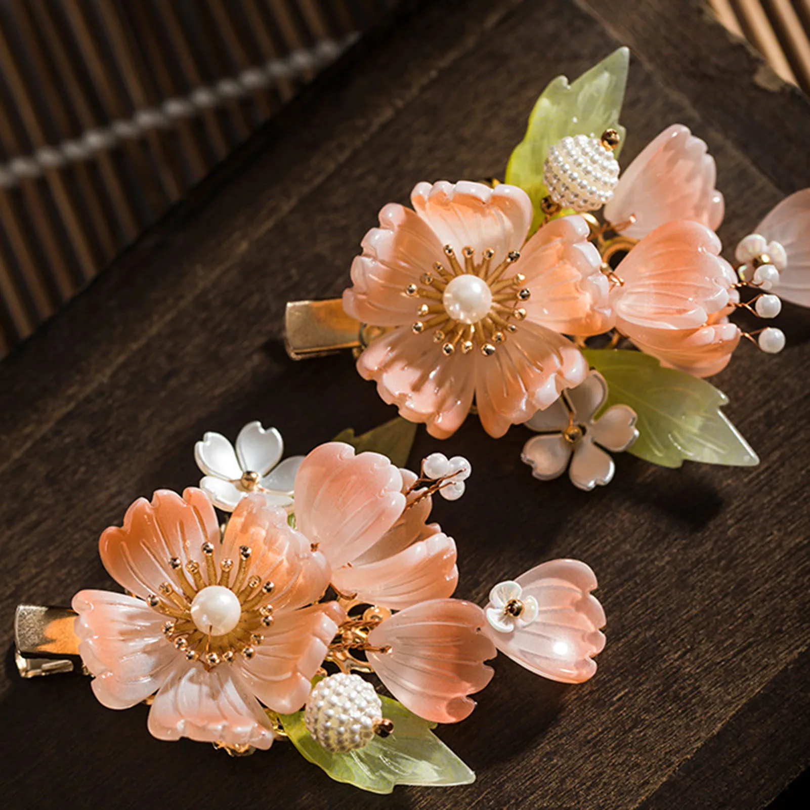 Girls Retro Haie Clip 2pcs Pearl Hairpin Chinese Coral Flower Headdress For Hanfu Dress Vintage Alloy Pink Floral Hair Jewelry