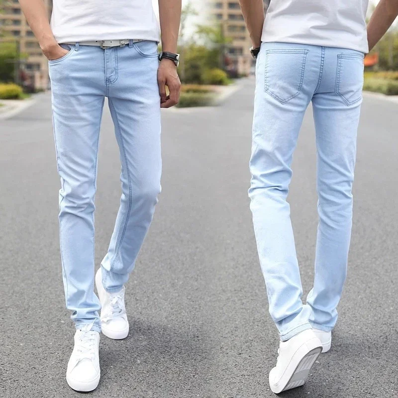 

2024 New Men Stretch Skinny Jeans Male Designer Brand Super Elastic Straight Trousers Jeans Slim Fit Fashion Jeans , Sky blue