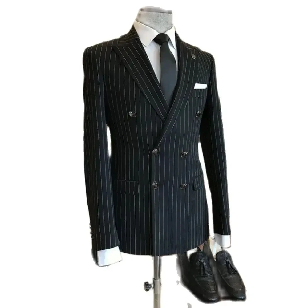 High-end Black Striped Men Suit Elegant Party Wedding 2 Pieces Fashion Smart Casual Formal Male Suit Slim (Blazer+Pants)