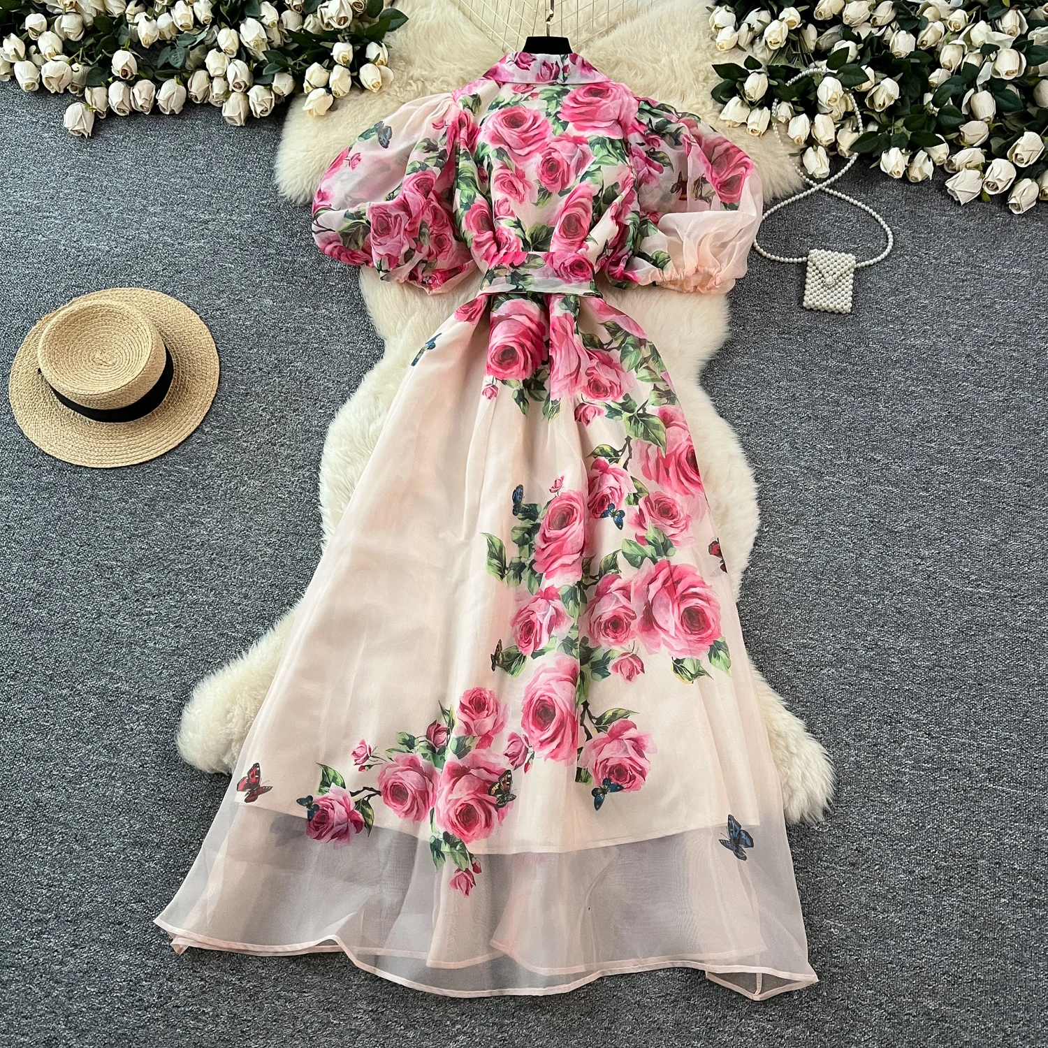 

French Organza 3D Floral Dress Female Lapel Neck Puff Sleeves Lace Up Slim Chic High Quality Print Long Dress