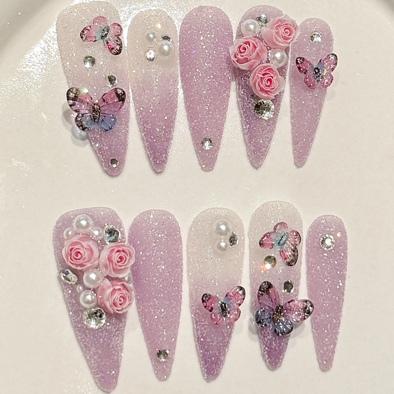 10pcs Long Stiletto Handmade Fake Nails Glitter Purple Rose Flower Colorful Butterfly Pearl Decor Press On Nails Sweet Manicure