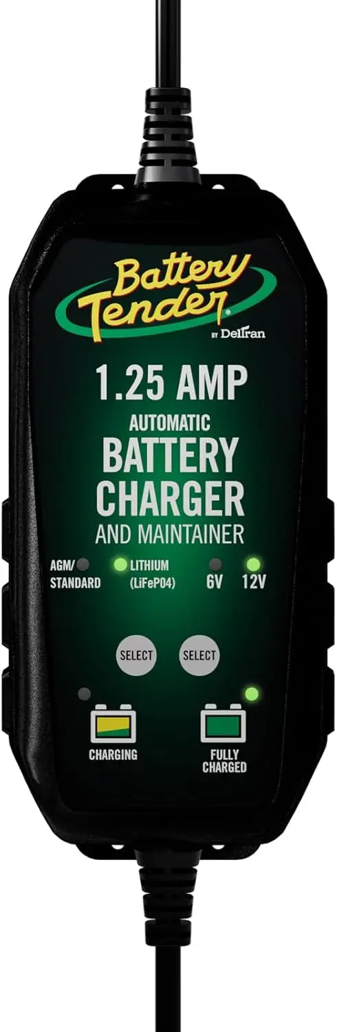 

6V/12V 1.25A Selectable Battery Charger for Lead Acid & Lithium Batteries, Universal Powersport Use