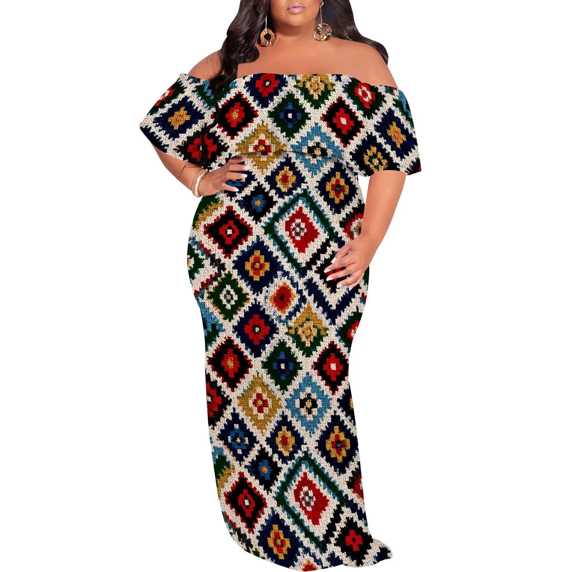 Women's Plus Size Summer Dresses Sexy Casual African Print Off The Shoulder Short Sleeve Ruffle Maxi Dress（XL-6XL）
