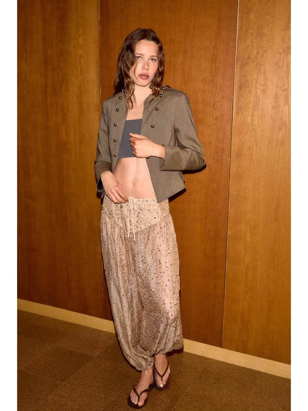 

Summer 26 Embroidered Bead Detail Waist Adjustment Elastic Cuffed Pants Casual Style Natural Waist Polyester Fiber Ladies
