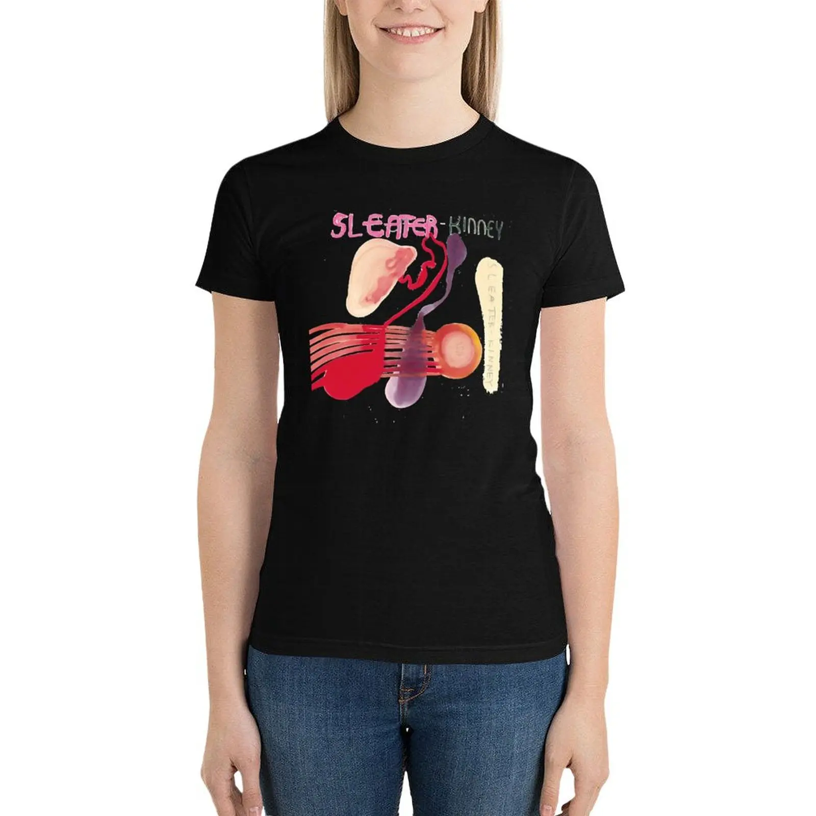 Camiseta Sleater Kinney para mujer, ropa de anime gráfica, moda coreana, camiseta de manga corta, camisetas negras