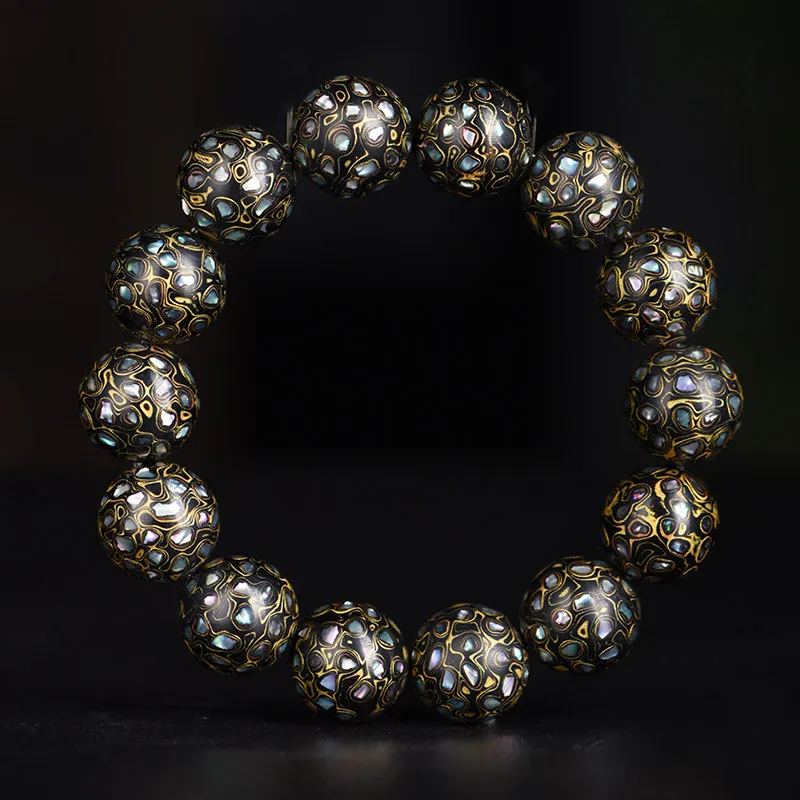 Chinese Lacquer Black Gold Mother of Pearl Beaded Bracelet Corrugated Lacquerware Prayer Beads for Men and Women Gifts
