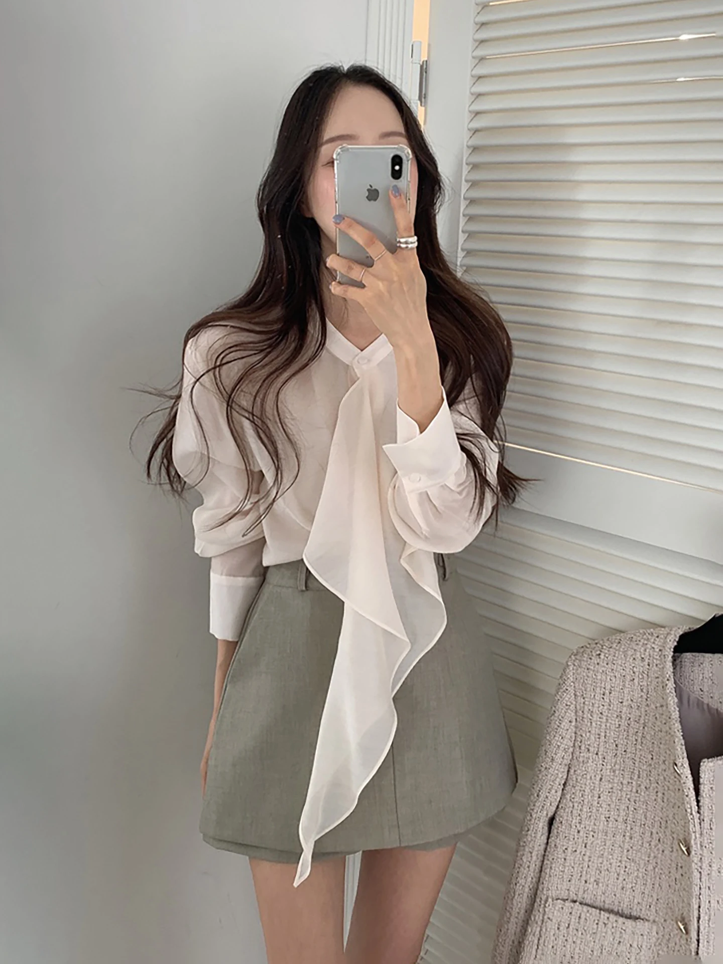 

Early Spring 2026 Women's Casual Long Sleeve Shirt with Sash Asymmetrical Loose Fit French Style Polyester Fiber Non-deformable