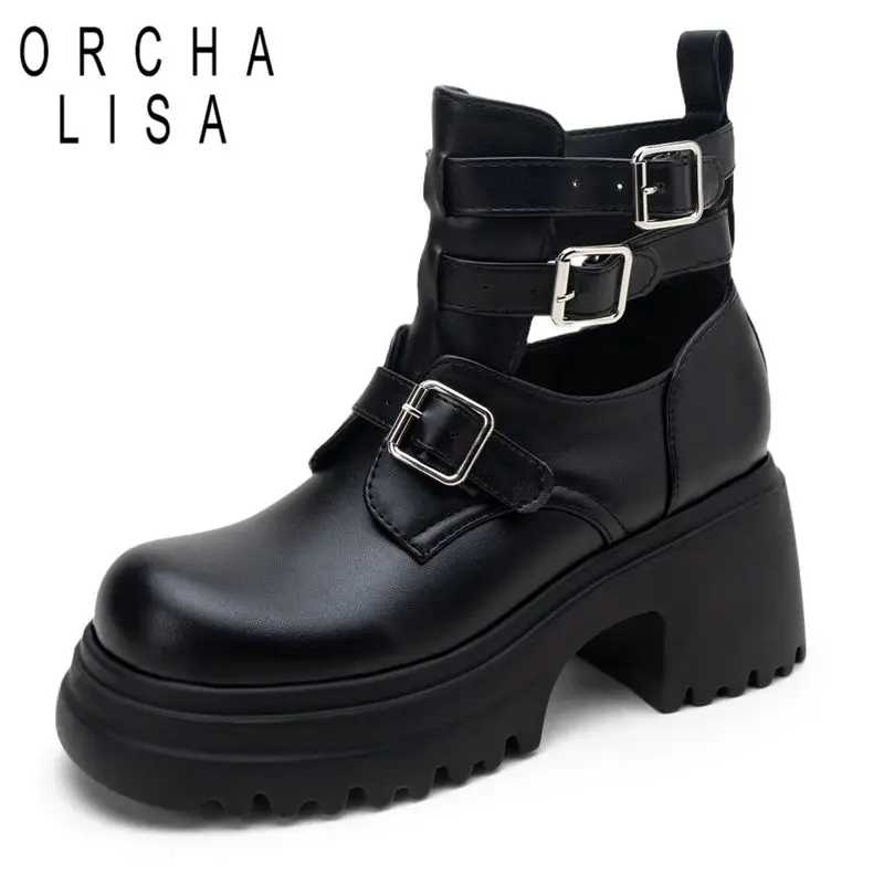 

ORCHA LISA 2025 Роскошные женские ботильоны с круглым носком на блочном каблуке 7,5 см с пряжкой и ремешками на платформе плюс размер 43 44 45 Повседневная повседневная обувь Bota