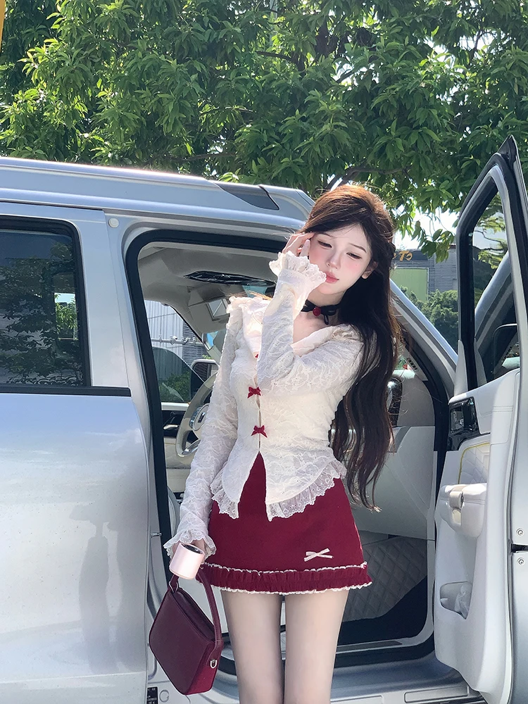

Ruijie Ciwide Hot Love Pure Desire High Slim Knot Lace irt Long Sve V-ne Polyester 00% Sweet Sle