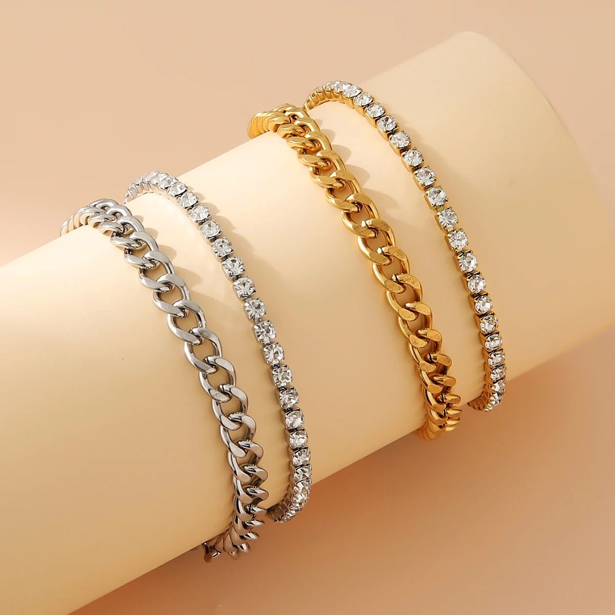 Женский браслет из нержавеющей стали, многослойная золотая двухслойная цепочка с кубическим цирконием и тиснением