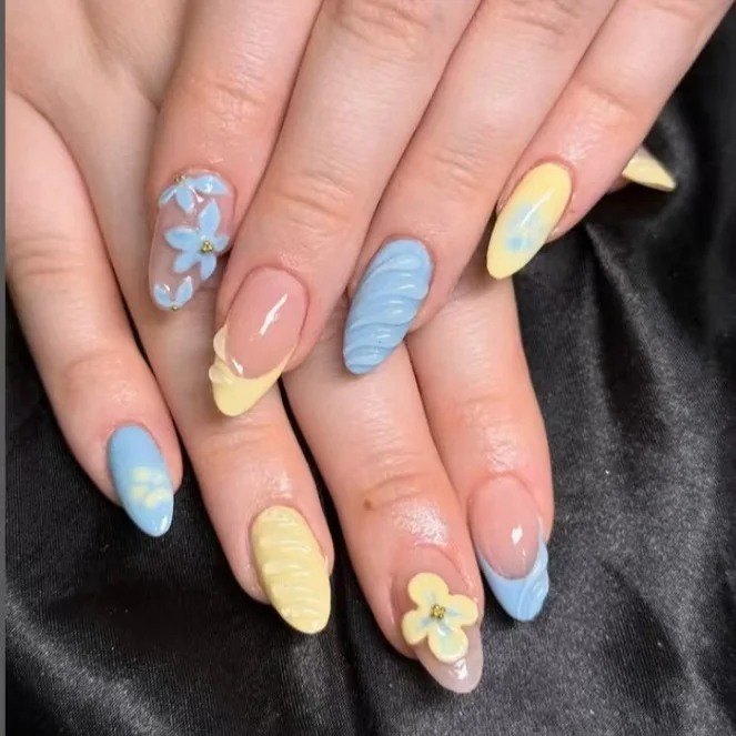 

24PCS Light Blue Yellow Almond Press on Nails 3D Flower Swirl French False Nails Pastel Sweet Summer Style Reusable Manicure Art