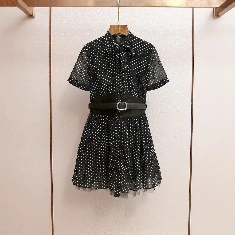 

Autumn New Elegant Socialite-Style Bow-Tie Patchwork Short-Sleeve Polka Dot Mesh Dress for Women