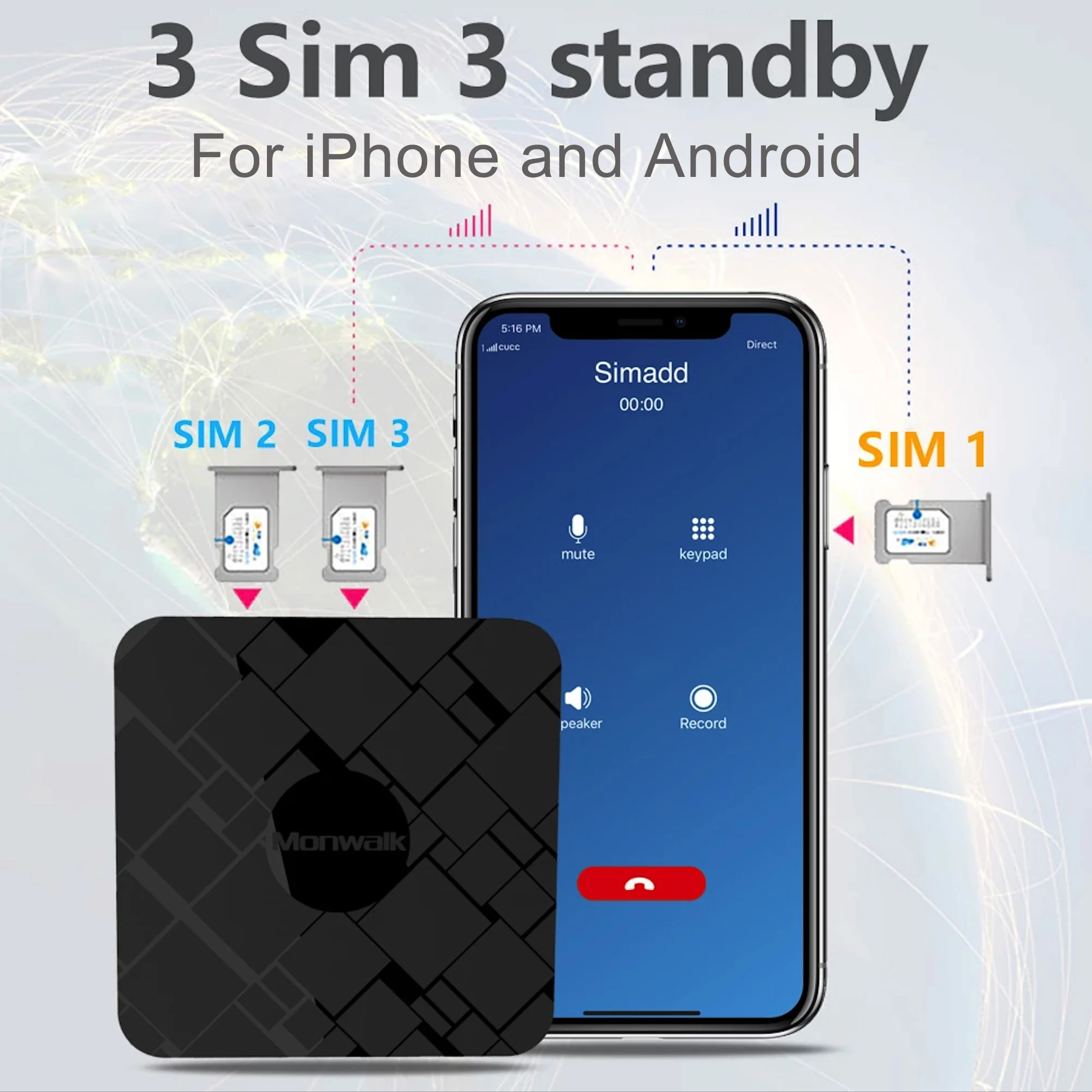 No roaming abroad SIMadd 3 SIM 3 Standby Activate Online at the Same Time for Android & iPhone 6/7/8/X iOS 7-16 SIM at Home