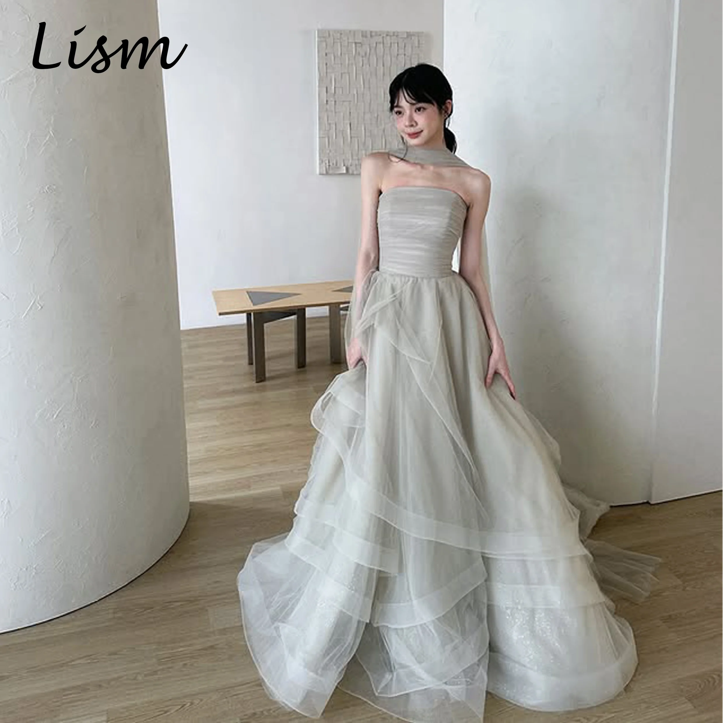 Lism Modern Sleeveless Strapless Wedding Dresses A-line Floor-Length Shawl Korea Wedding Dress Photo Shoot 웨딩드레스 Customized
