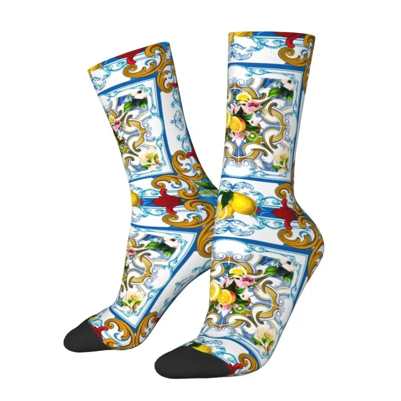 Custom Mediterranean Lemons Citrus Sicilian Tiles Men's Crew Socks Unisex Fun Spring Summer Autumn Winter Dress Socks