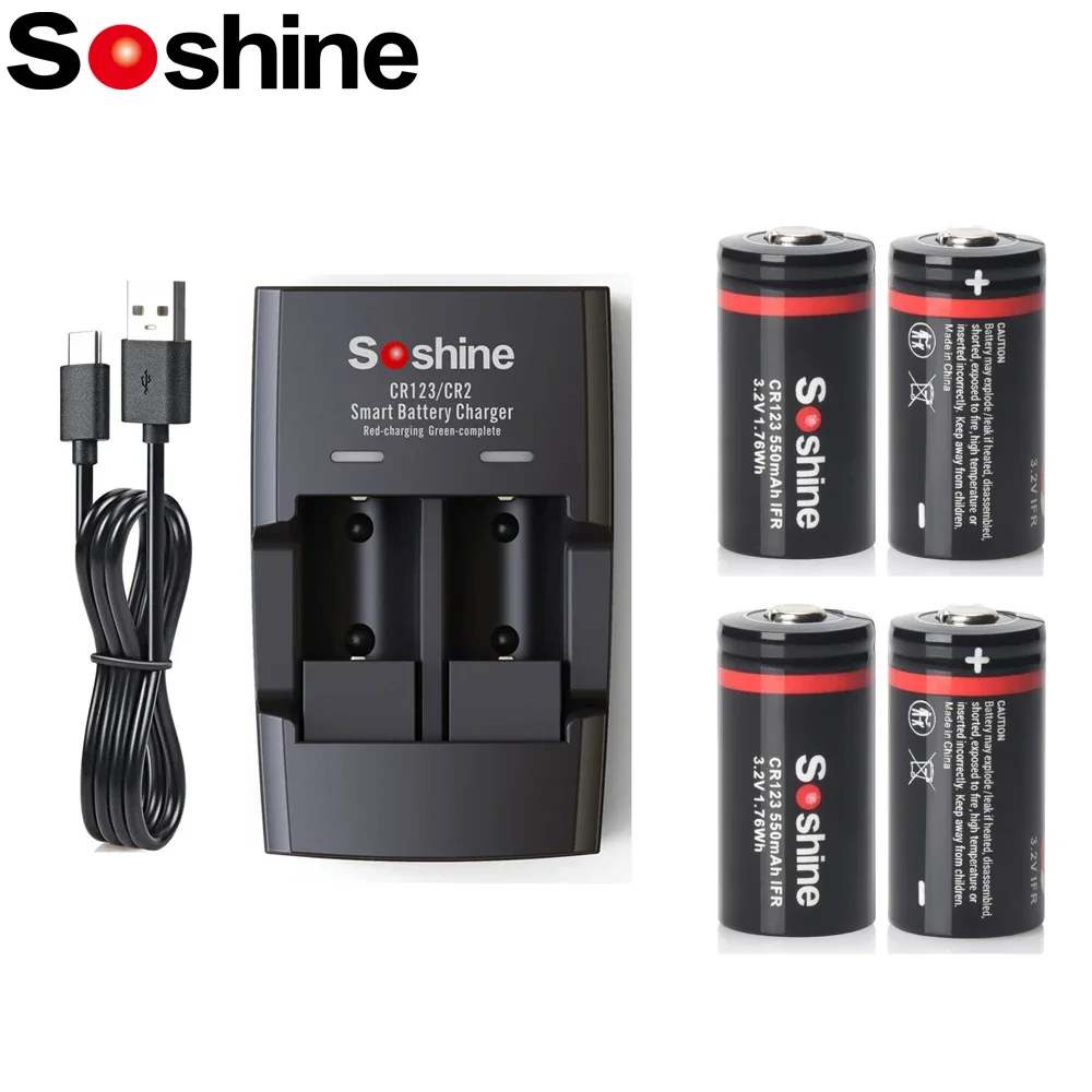 Soshine LiFePO4 RCR123 550mAh Battery and Smart LiFePO4 Charger 3.2V 550mAh 16340 Rechargeable Battery 2000 Time Discharge Cycle