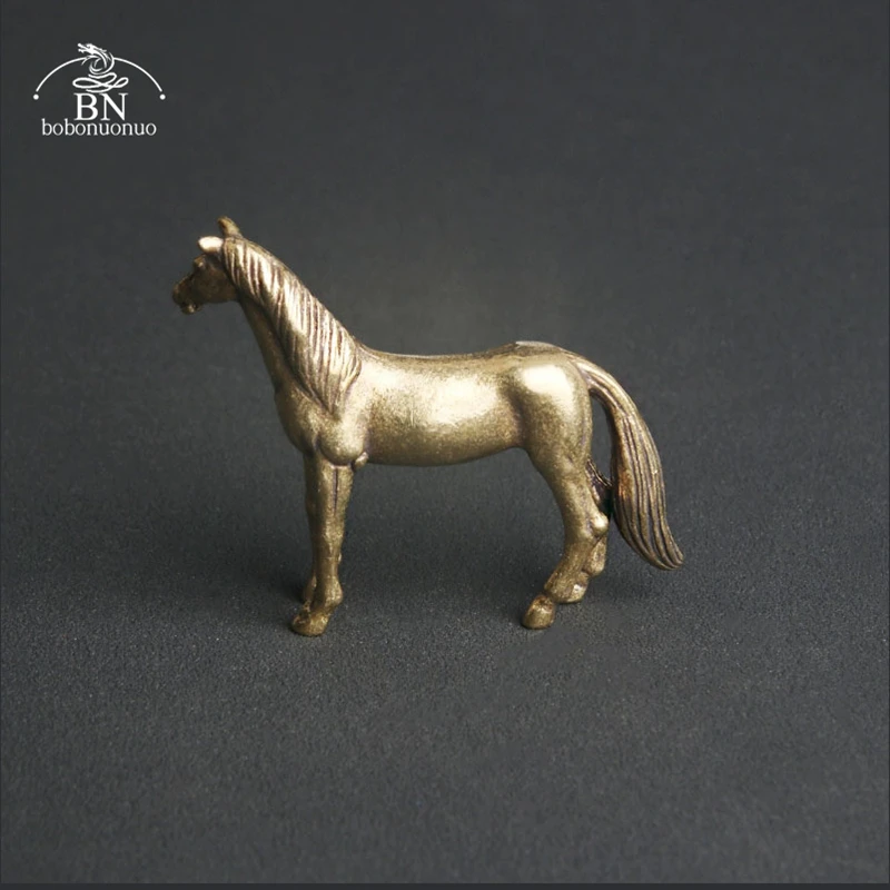 Antique Brass Solid Long Tail Horse Figurines Miniatures Feng Shui Ornaments Copper Zodiac Animal Mini Desktop Decoration Crafts
