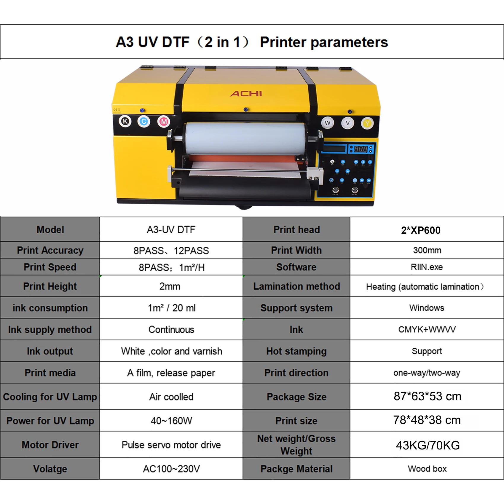 ACHI A3 XP600 Drukarka UV DTF 2 w 1 Drukarka naklejek transferowych Drukarka płaska UV do kubka Maszyna drukarska UV DTF z drewna i szkła