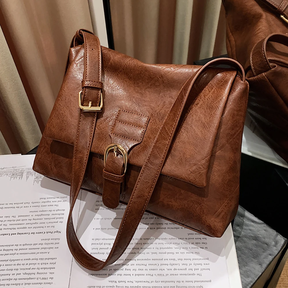 Trendy Vintage Leather Shoulder Bags for Women Korean Style Exquisite Solid Color Crossbody Large Capacity Square Messenger Bag