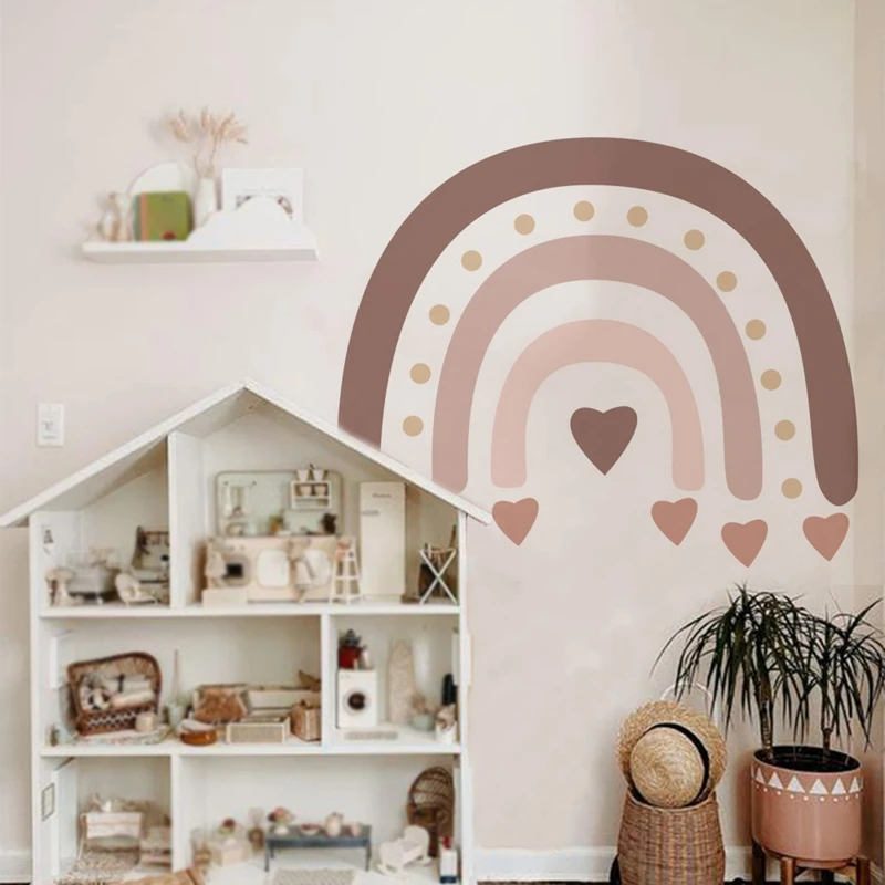 Pegatina de pared de acuarela para decoración del hogar, calcomanías de vinilo extraíbles de colores Beige, rosa, arcoíris grande para guardería