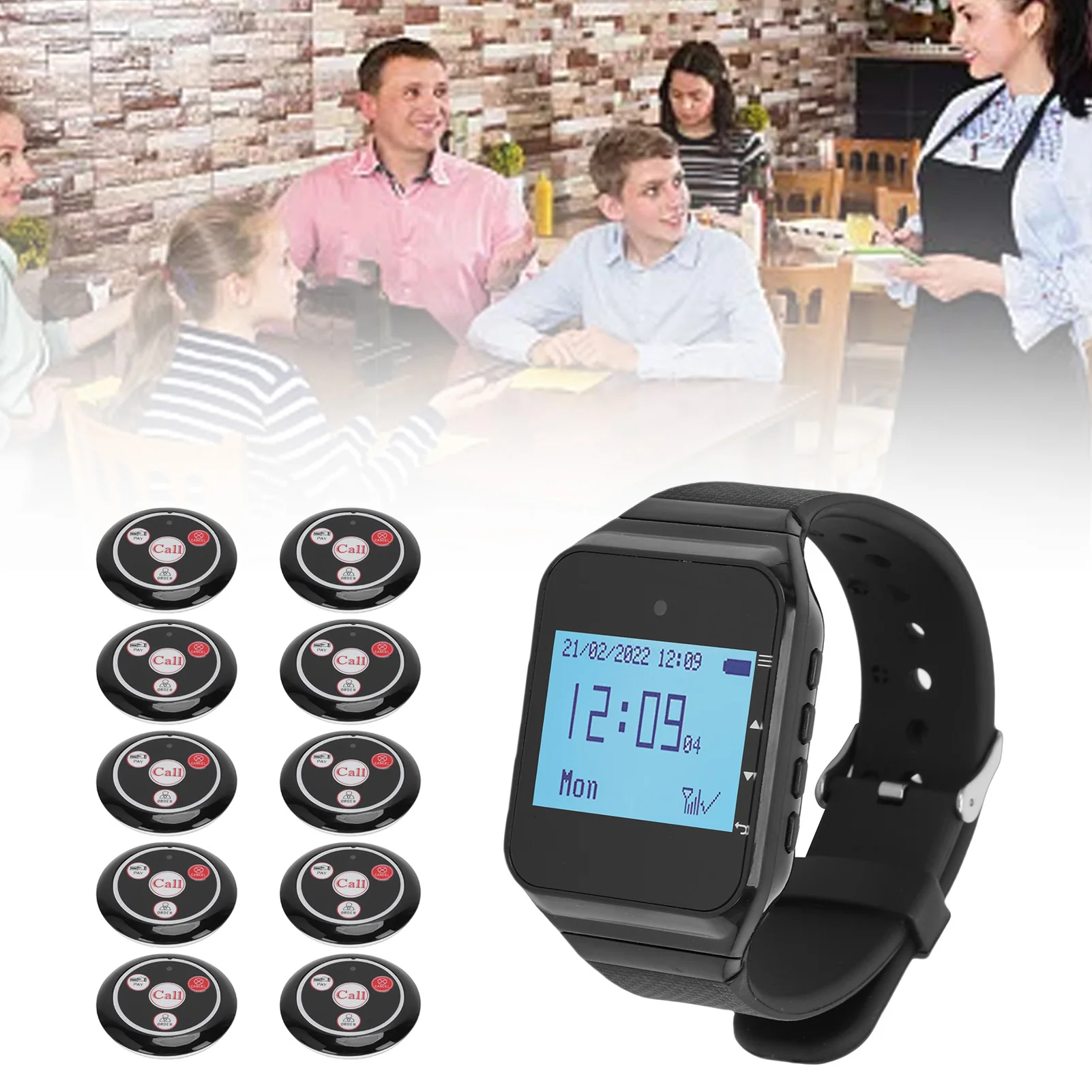 Waiting Queue Pagers Wireless Restaurant Calling Pager System 1 Watch Receiver with 4 Keys Desk Bells for Hotel Factory