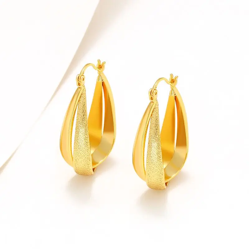 Wholesale--- XP 2 Line 39 mm Long Metal Cold Sexy Medium Size Hoop Earrings for Women Fashion Jewelry Gold Plated 24 k