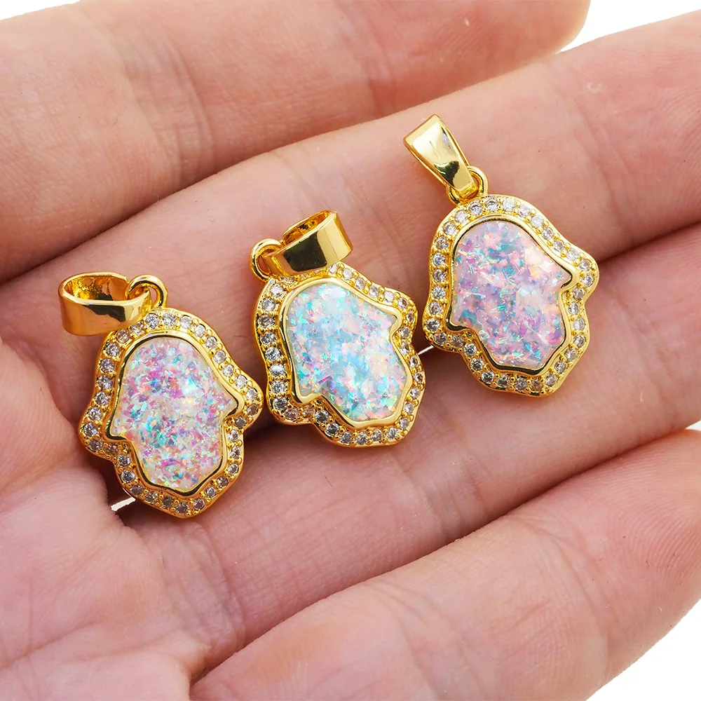 Natural Opal Fatima Hamsa Hand Pendant Cubic Zircon CZ Paved Religious Charm For Necklace Bracelet Making Crafts DIY Accessory