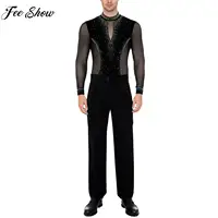 Traje de baile latino de patinaje artístico para hombre, mono de malla con borlas de lentejuelas de manga larga y pantalones para baile de salón Cha-cha Tango