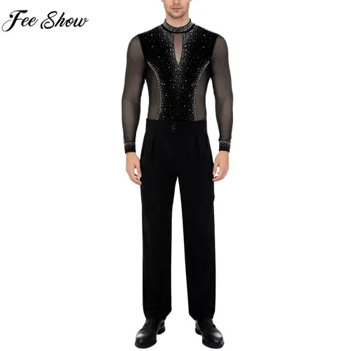 Traje de baile latino de patinaje artístico para hombre, mono de malla con borlas de lentejuelas de manga larga y pantalones para baile de salón Cha-cha Tango
