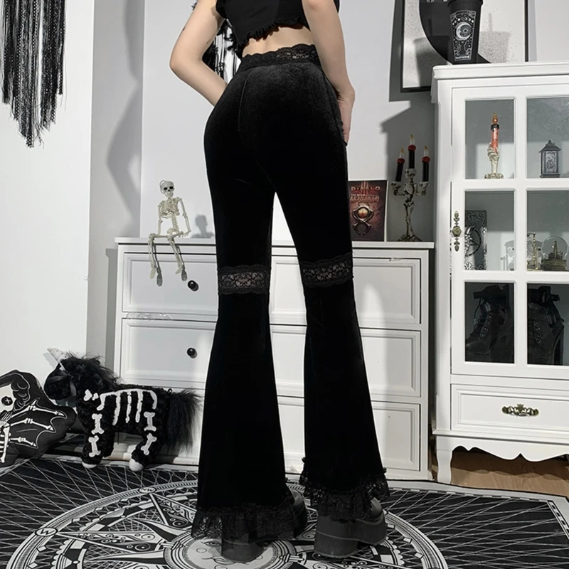 Women Gothic Punk Black Velvet Flare Pants Harajuku Sexy Hollow Out Lace Patchwork High Waist Skinny Vintage Gypsy Bell Bottom